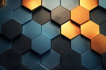 3d rendering of abstract metallic background with hexagons in black, blue and golden colors, Abstract background with hexagons, AI Generated - obrazy, fototapety, plakaty
