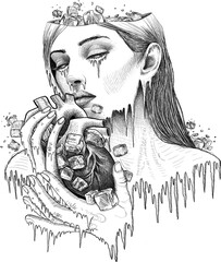 Frost illustration of woman holding ice heart.Black white digital sketch. - 685636721