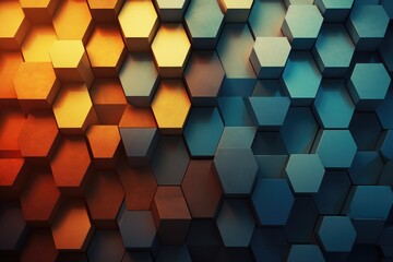 3d rendering of abstract hexagon shape background in blue and orange color, Abstract background...