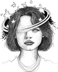 Drawing of a woman on a celestial theme with stars. Woman portrait illustration. - 685636906
