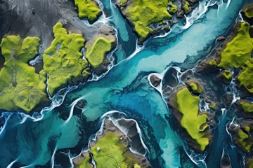 Fototapeten Aerial view of a river in Iceland, Europe. Top view, Aerial view from above on a green and blue glacier river stream in South Iceland, AI Generated © Ifti Digital