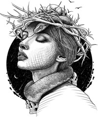 Woman illustration with snake, skulls and thorns. Dangerously - 685636959