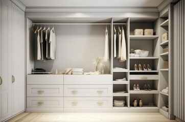 Organizer drawer in bedroom. Big cupboard for clothing storing wardrobe. Generate ai