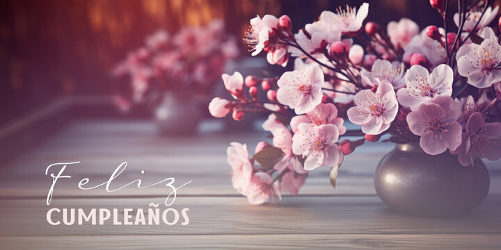 Feliz Cumpleanos means Happy Birthday in Spanish. A vase filled with pink flowers, spring sakura twig.