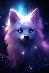 Obraz premium A white dog with blue eyes sitting in the dark.
