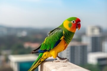 Parrot bird city view blurred photo. Wild cute pet bird amazon island. Generate Ai