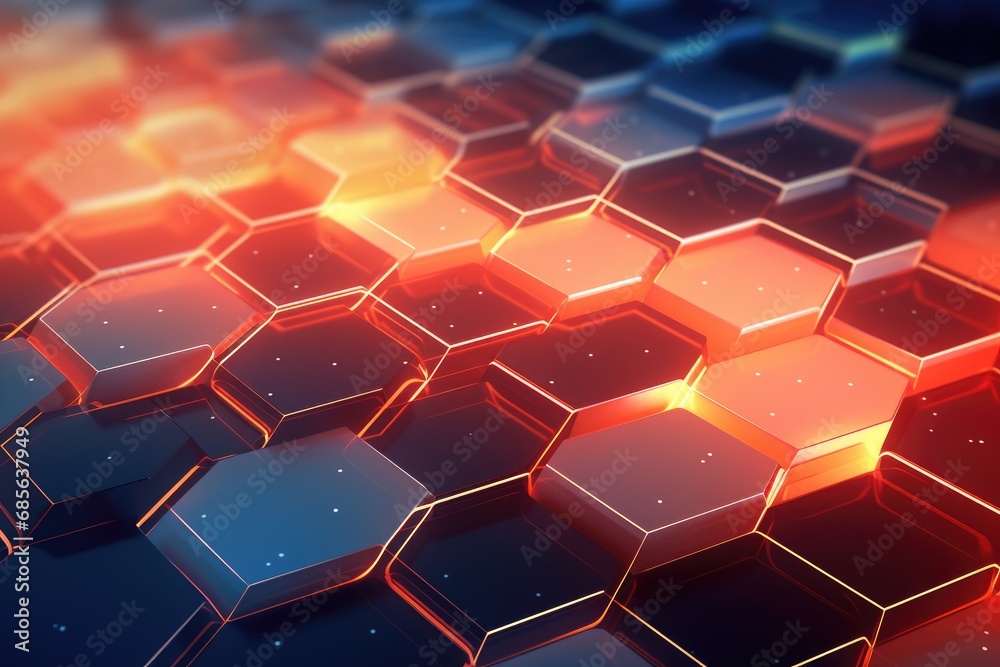 Poster 3d rendering of abstract background with hexagons in blue and orange colors, 3d rendering of an abst