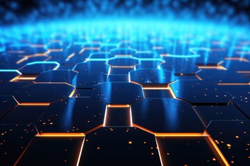 Obraz premium Abstract technology background with hexagons and glowing lines. 3D rendering, 3D rendering of an abstract hexagon background with blue neon lights, AI Generated
