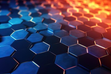 3D rendering of abstract background with hexagons in blue and orange colors, 3D rendering of an abstract hexagon background with blue neon lights, AI Generated - obrazy, fototapety, plakaty