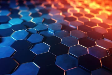 Fotobehang 3D rendering of abstract background with hexagons in blue and orange colors, 3D rendering of an abstract hexagon background with blue neon lights, AI Generated © Ifti Digital