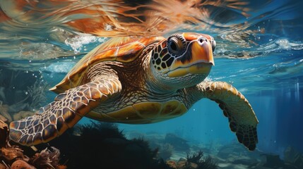 Fototapeta premium A turtle swimming under the water in the ocean.