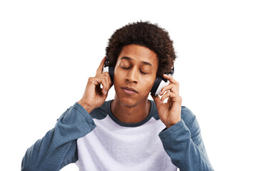 Man, headphones and listening to calm music for freedom, audio subscription and streaming...