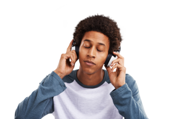 Man, headphones and listening to calm music for freedom, audio subscription and streaming multimedia isolated on transparent png background. African guy hearing peaceful podcast, sound track or radio