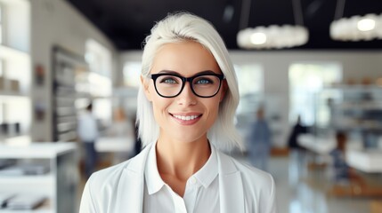 White-haired female salesperson wearing glasses - obrazy, fototapety, plakaty