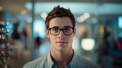 Obraz premium Young man in glasses looking at camera in eyeglasses shop
