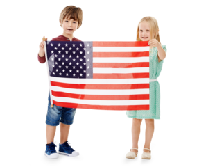 Little children, holding or portrait with american flag with pride, patriotism and celebrate with star spangled banner. Young boy, girl or happy face of usa or isolated on transparent png background