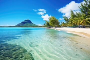 Fototapeta premium Beautiful tropical beach in Maldives with few palm trees and blue lagoon, Amazing white beaches of Mauritius island, Tropical vacation, AI Generated