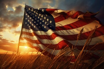 American flag in the field at sunset. 3d illustration. Vintage style, American flag waving in the wind at sunset, AI Generated