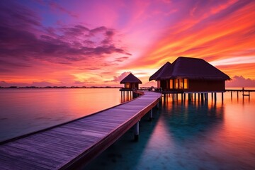 Beautiful sunset at Maldives islands with water bungalows, An amazing sunset landscape, Picturesque summer sunset in the Maldives, Luxury resort villas seascape, AI Generated - obrazy, fototapety, plakaty