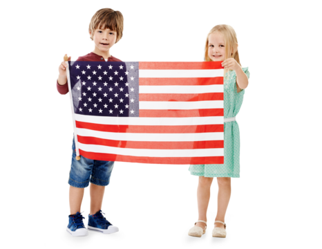 Little children, holding or portrait with american flag with pride, patriotism and celebrate with star spangled banner. Young boy, girl or happy face of usa or isolated on transparent png background