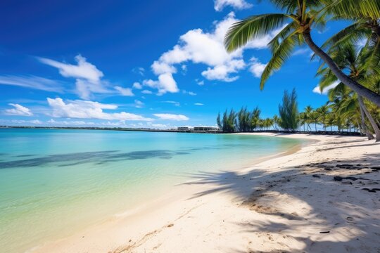 tropical beach with coconut palm trees and turquoise water, Amazing white beaches of Mauritius island, Tropical vacation, AI Generated