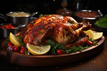 Roasted chicken with oranges ,rosemary and cranberries on a Christmas table. Side view with copy space.