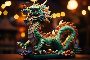 A figurine of a Chinese wooden dragon of green color on a background of Christmas lights, new year 2024 symbol, generated ai