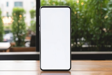 A samsung galaxy s8 s9 phone standing vertically on a desk interior nature background with white screen, generated by AI.