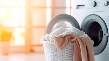 Modern washing machine and laundry basket with Stack of clean clothes