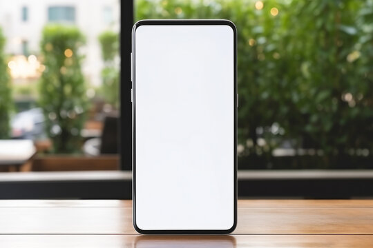 A samsung galaxy s8 s9 phone standing vertically on a desk interior nature background with white screen, generated by AI.