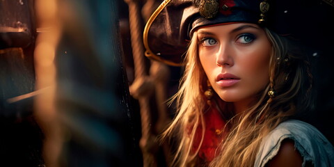 Obraz premium Portrait of a flirtatious female pirate emerging from her hiding place. Generative AI