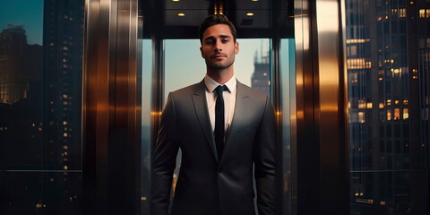 person delivering an elevator pitch to potential investors inside a moving elevator . Generative AI
