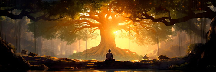 meditating under a huge bodhi tree, which symbolizes enlightenment. Generative AI - obrazy, fototapety, plakaty