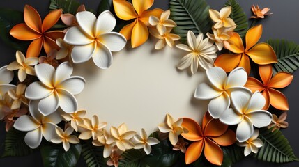 Frame Bouquet of yellow Frangipani Plumeria flower plant with leaves on white background. Mockup advertisement. template. product presentation. copy text space.