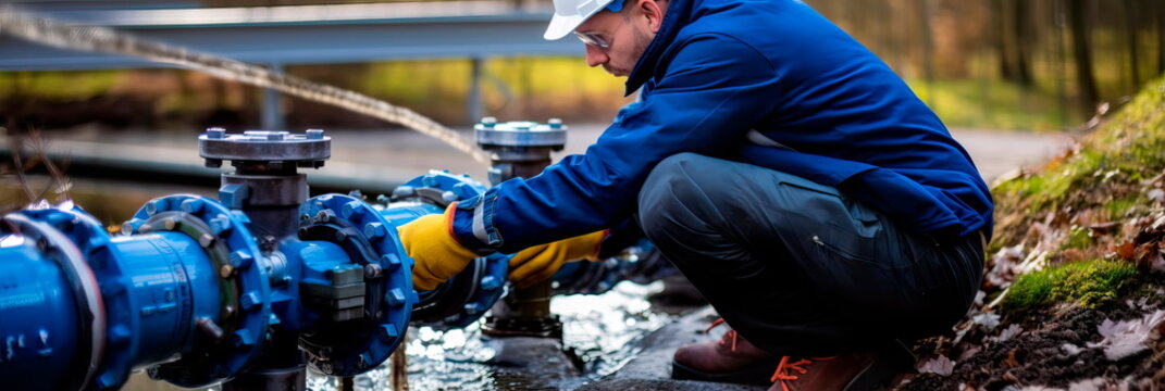 technician using specialized equipment to measure water flow through the pipeline. Generative AI