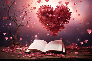 Pink heart with flowers and pink leaves. A poet's book of poetry about love. Valentines day greeting card concept.