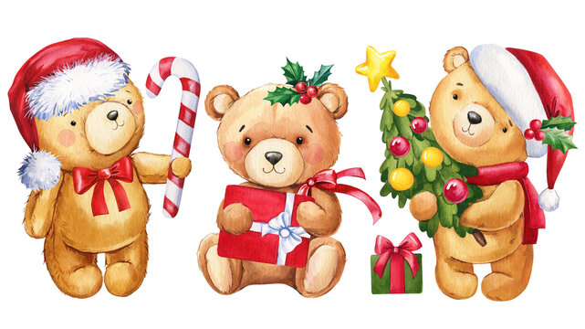 Teddy bear in Santa Claus hat, present and Christmas tree. Watercolor illustration. Design for New Yea and for Christmas