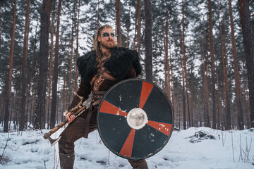 A man dressed as a Viking warrior stands with an axe and shield in a snowy forest, evoking historical Norse imagery