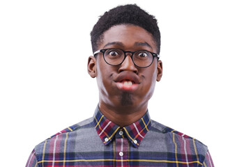 Funny face, glasses and portrait with a black man, crazy and confident guy isolated on transparent...