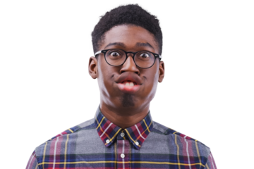 Funny face, glasses and portrait with a black man, crazy and confident guy isolated on transparent background. African person, png or joke with eyewear, nerd and goofy with facial expression or geek