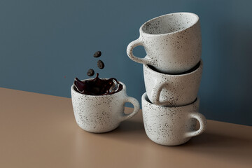 3D render of coffee beans falling into mug of coffee standing by stack of empty mugs