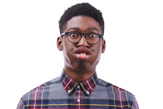 Funny face, glasses and portrait with a black man, crazy and confident guy isolated on transparent background. African person, png or joke with eyewear, nerd and goofy with facial expression or geek
