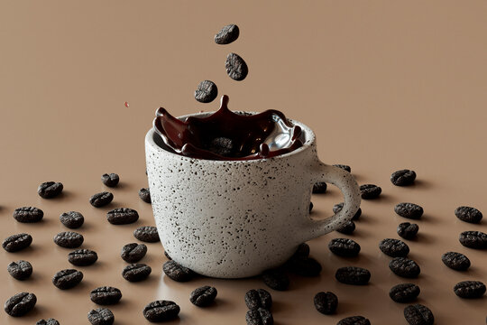3D render of coffee beans falling into mug of coffee