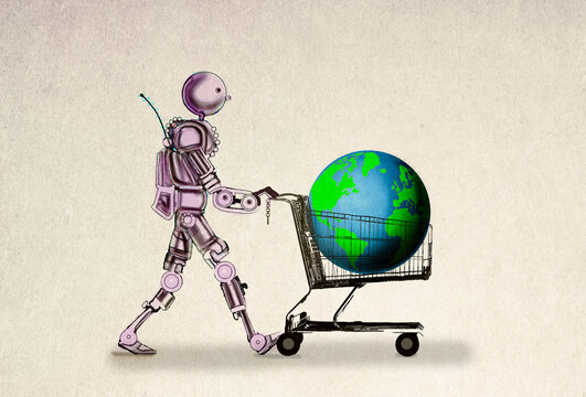 Robot pushing supermarket cart containing planet Earth