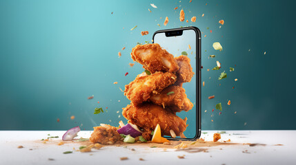 fried chicken with mobile phone - obrazy, fototapety, plakaty