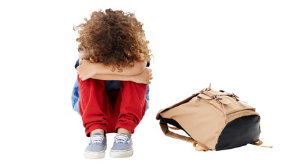 Sad, kid on floor and depression, stress or frustrated isolated on a transparent png background...