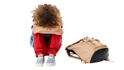 Sad, kid on floor and depression, stress or frustrated isolated on a transparent png background with bag. Angry, bullying and child or student crying, lonely or abused, anxiety and violence in crisis