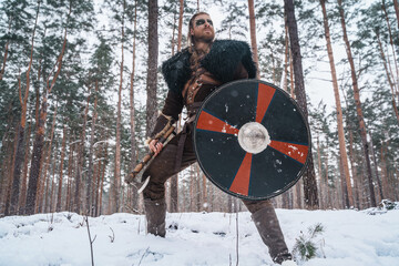 A man dressed as a Viking warrior stands with an axe and shield in a snowy forest, evoking historical Norse imagery