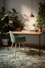 Fototapeta premium Modern stylish workplace interior surrounded by indoor plants. Workplace. AI generating