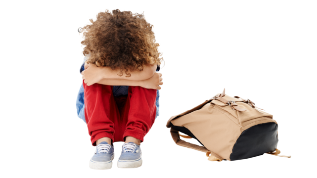 Sad, kid on floor and depression, stress or frustrated isolated on a transparent png background with bag. Angry, bullying and child or student crying, lonely or abused, anxiety and violence in crisis